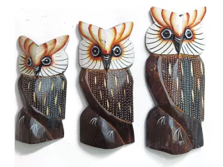 Figurki Rzeźby Drewno SOWA kpl 3 Sowy do 20cm Rękodzieło Orient